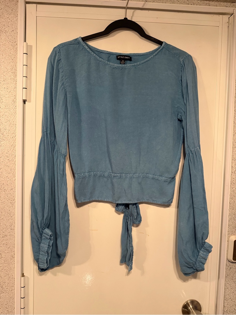 Style Envy Sky Blue Tie-Back Billowy Sleeve Blouse